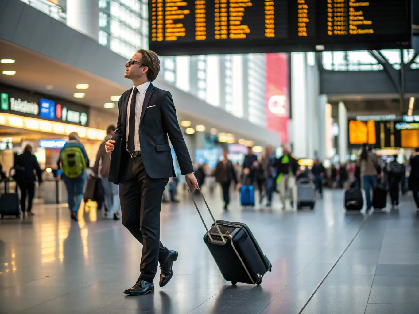 A professional business traveler in a suit, confidently walking through an airport terminal, pulling a suitcase, representing a business visa application.