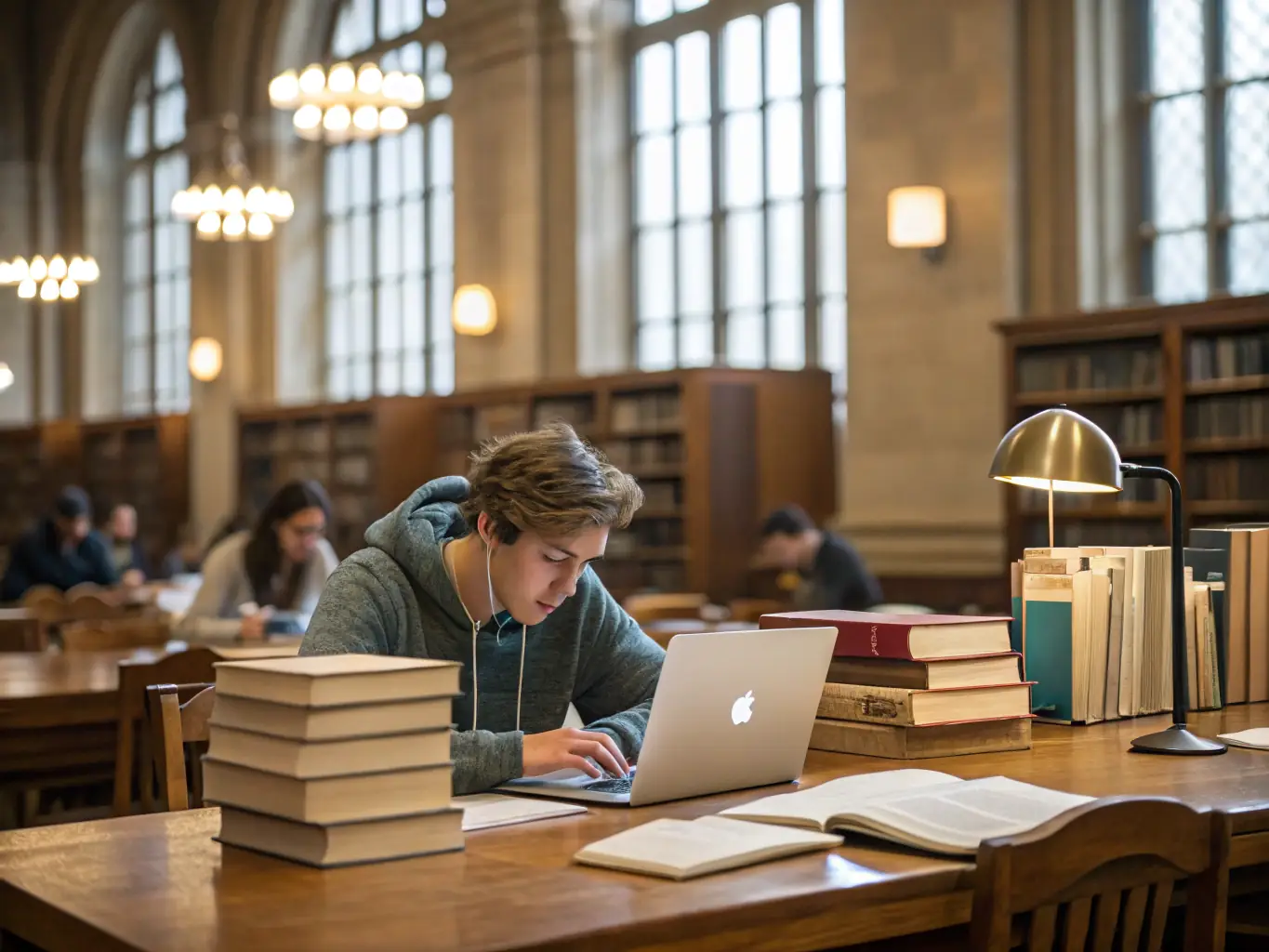 A student studying with books in a library with a laptop, representing a student visa application.