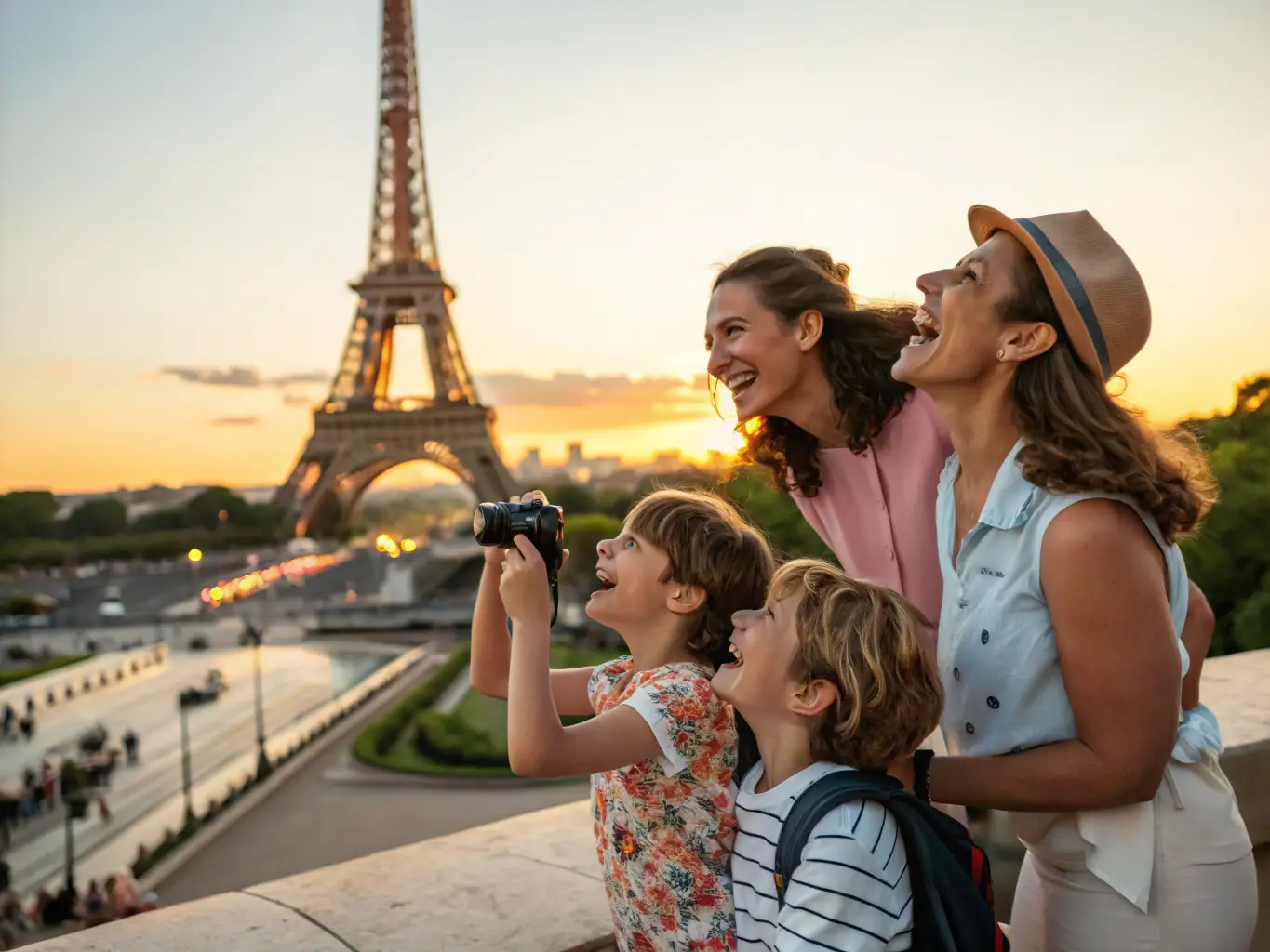 A family happily posing in front of the Eiffel Tower in Paris, France, representing a tourist visa application.