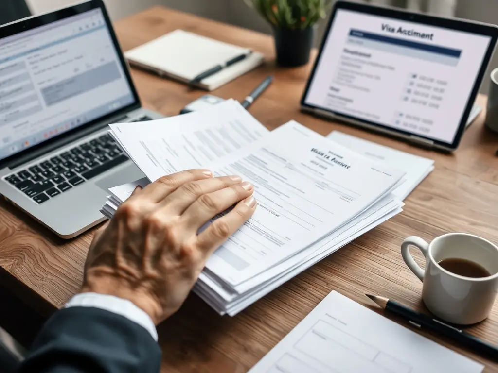 A professional business traveler is preparing documents for a visa application, with a focus on attention to detail and accuracy.