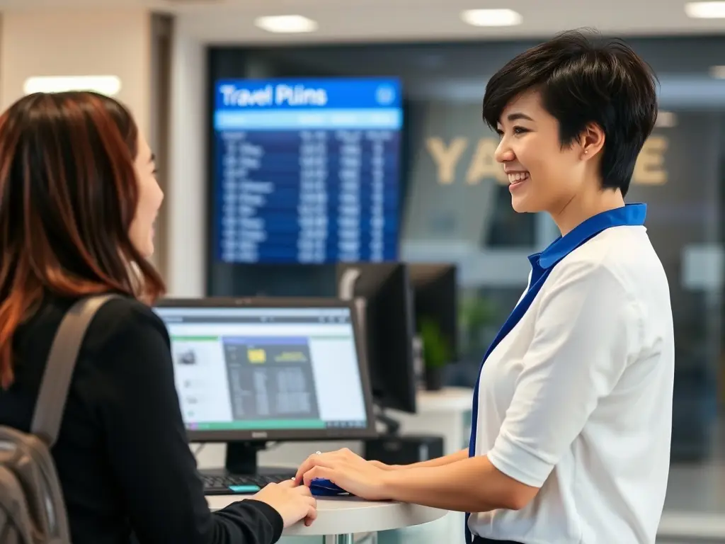 A friendly travel agent assisting a client with booking flights on a computer, highlighting personalized service and attention to individual travel needs.