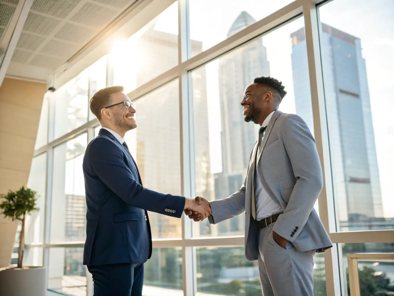 A professional in a business suit shaking hands with an international client, symbolizing a successful business visa application facilitated by Visa Voyager.