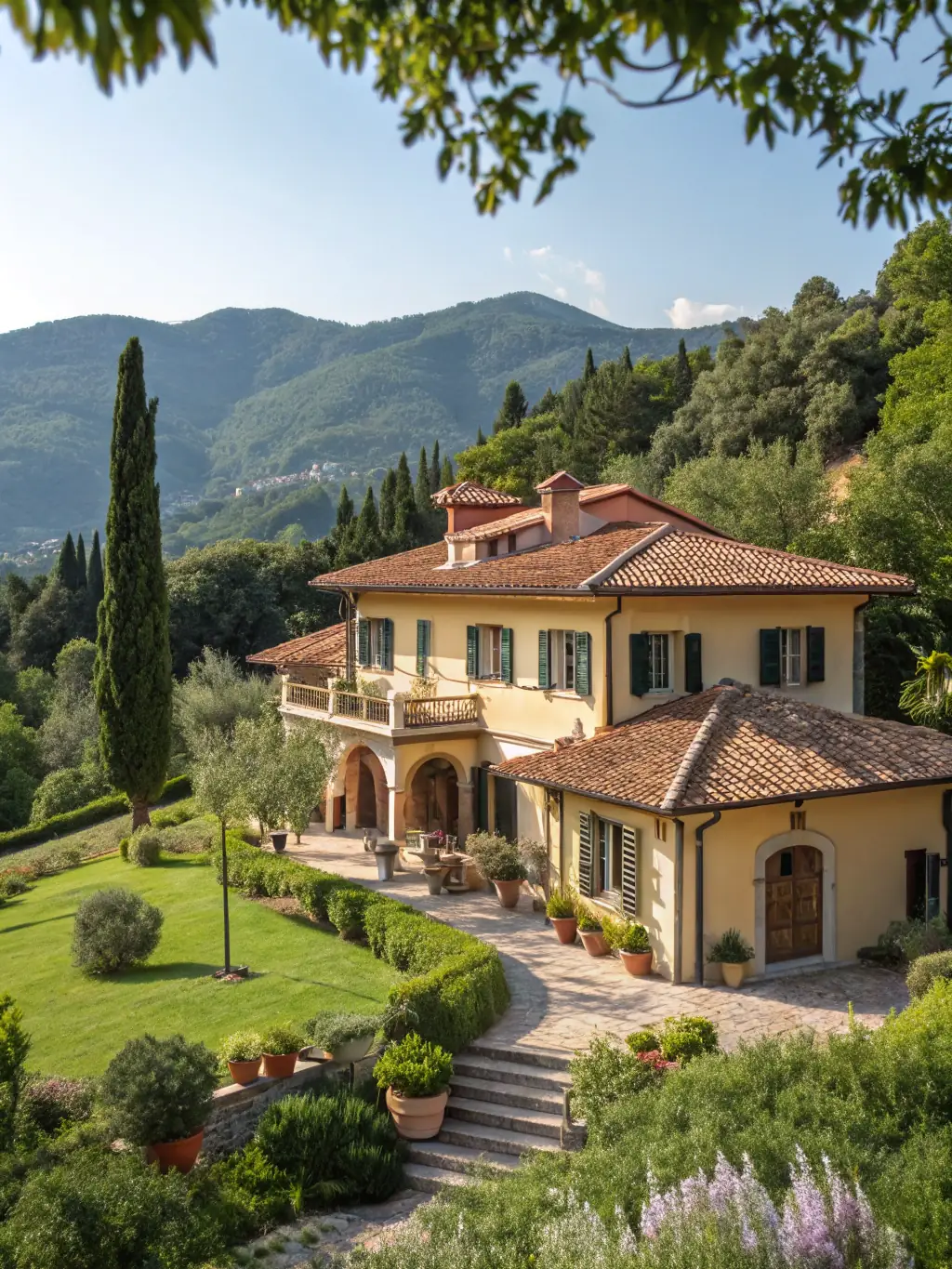 A beautiful villa or apartment overlooking a picturesque landscape, representing the unique property booking options available through Visa Voyager.