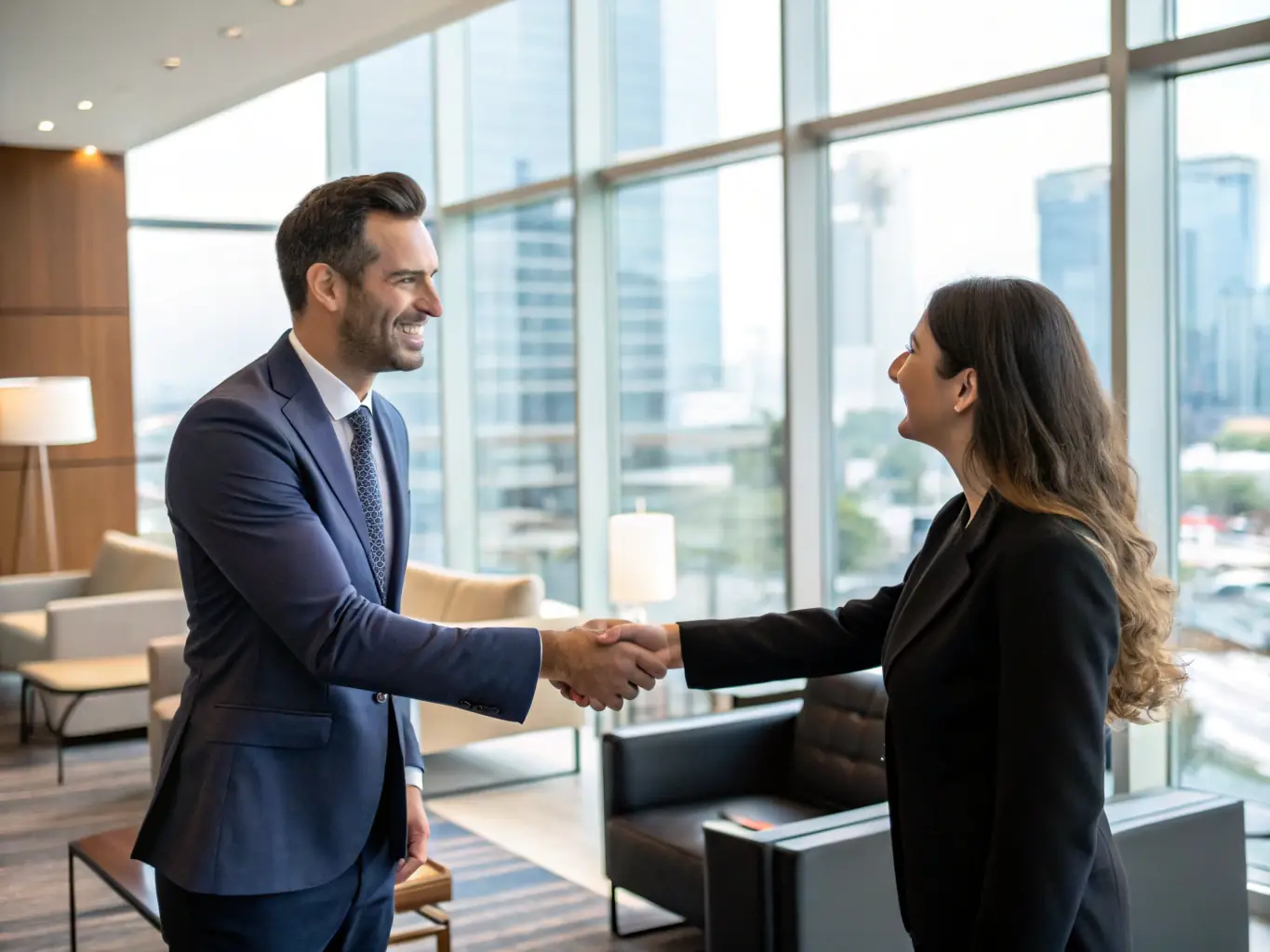 A professional businessman shaking hands with an international client in a modern office setting, symbolizing business travel and visa requirements.