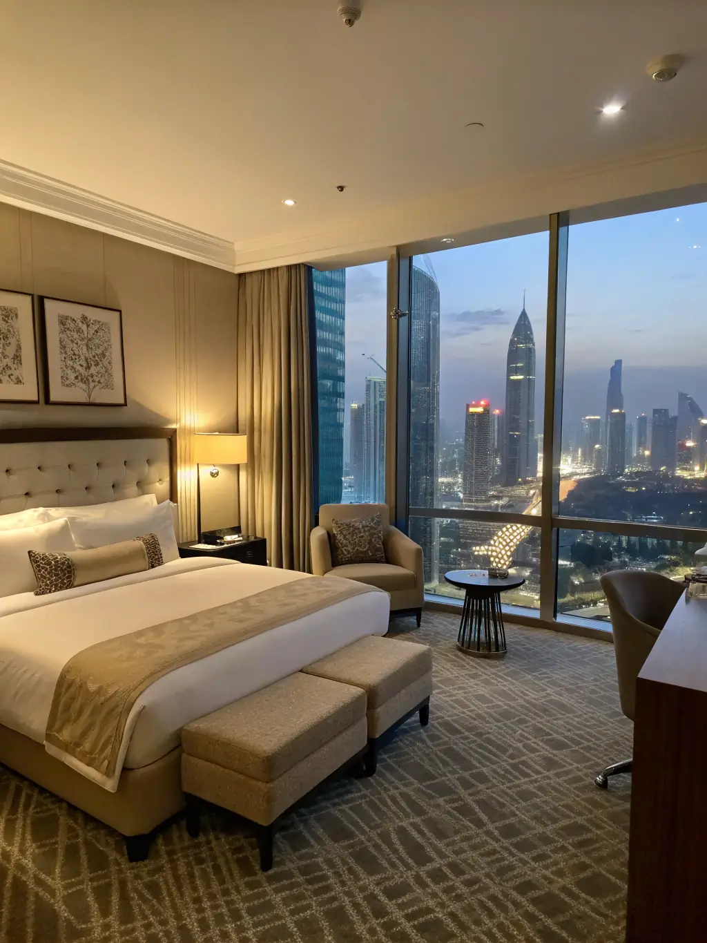 A luxurious hotel suite with a stunning view, representing the quality and comfort of accommodations booked through Visa Voyager.
