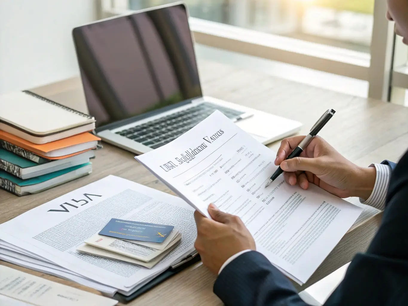 A professional photo of a visa application form being reviewed by a travel agent in a modern office setting, emphasizing attention to detail and accuracy.